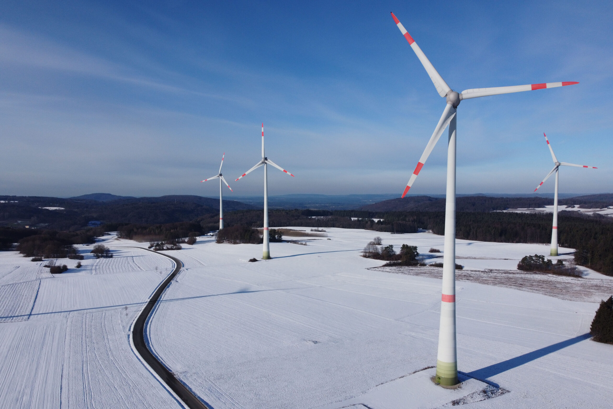 Aerial,View,Of,A,Wind,Farm,In,Winter.,Aerial,View
